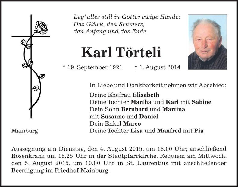 Traueranzeige Karl Törteli