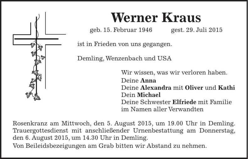 Traueranzeige Werner Kraus