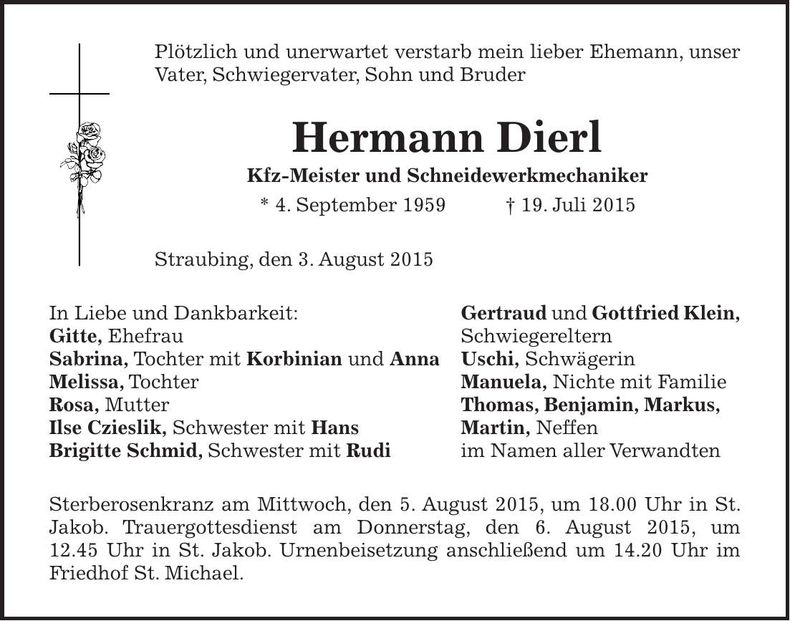 Traueranzeige Hermann Dierl