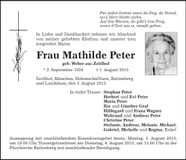 Traueranzeige Mathilde Peter