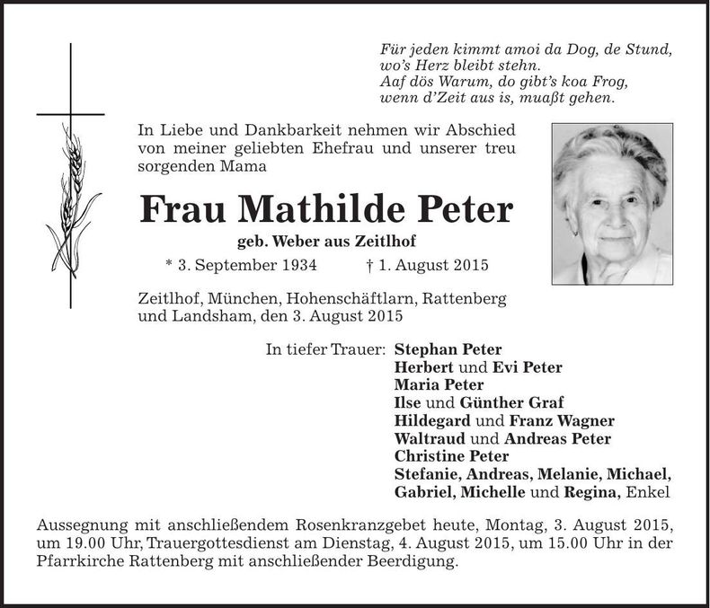 Traueranzeige Mathilde Peter