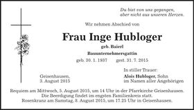 Traueranzeige Inge Hubloger