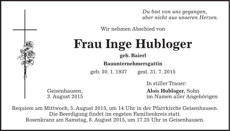 Traueranzeige Inge Hubloger