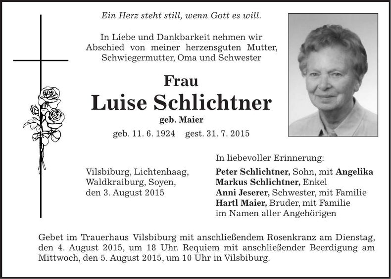 Traueranzeige Luise Schlichtner