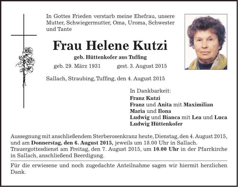 Traueranzeige Helene Kutzi