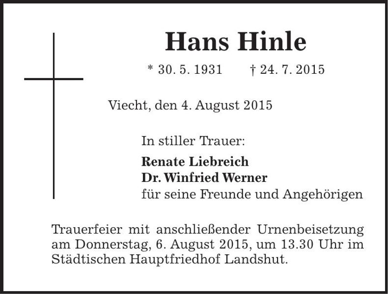 Traueranzeige Hans Hinle
