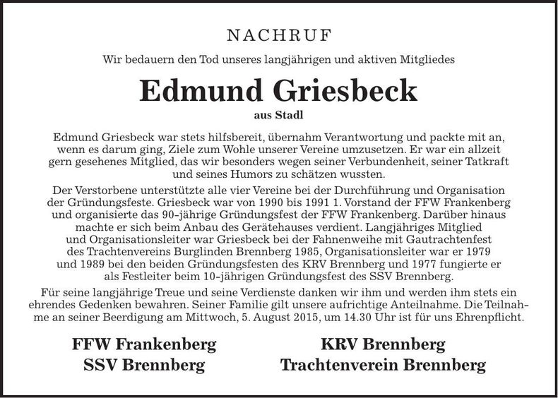 Traueranzeige Edmund Griesbeck