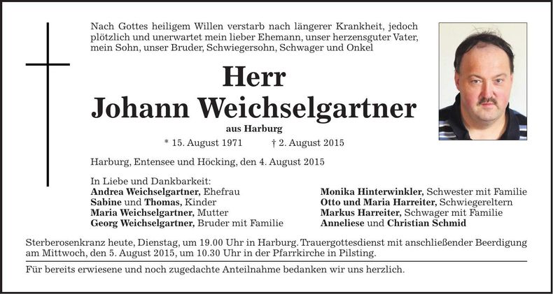 Traueranzeige Johann Weichselgartner
