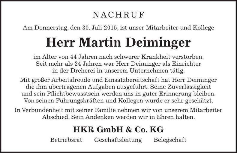 Traueranzeige Martin Deiminger
