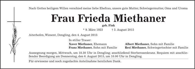 Traueranzeige Frieda Miethaner