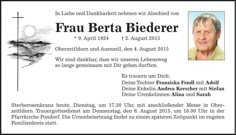 Traueranzeige Berta Biederer