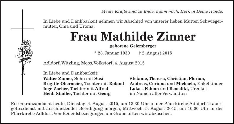 Traueranzeige Mathilde Zinner