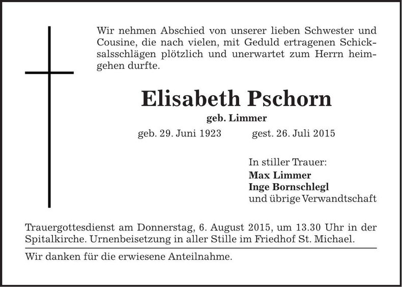 Traueranzeige Elisabeth Pschorn