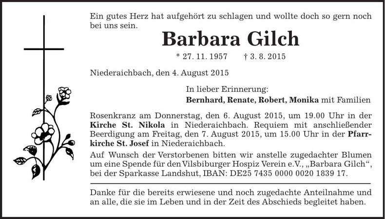 Traueranzeige Barbara Gilch