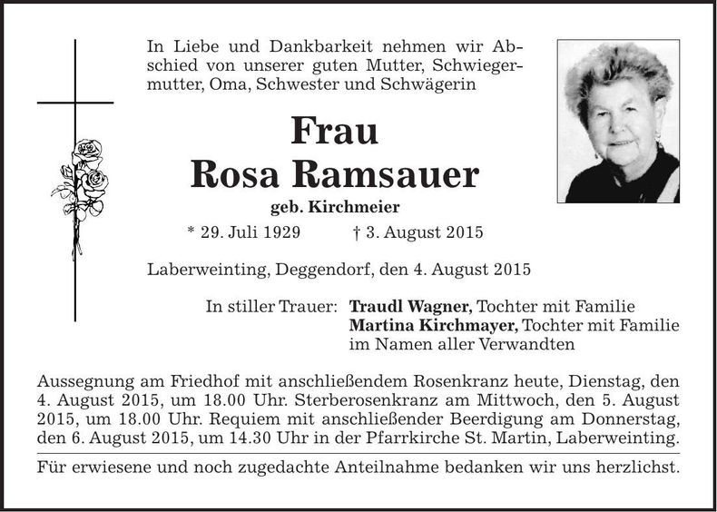 Traueranzeige Rosa Ramsauer