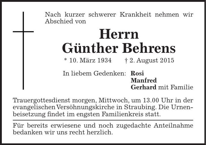 Traueranzeige Günther Behrens