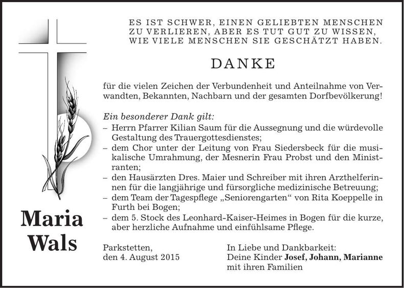 Traueranzeige Maria Wals