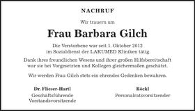Traueranzeige Barbara Gilch