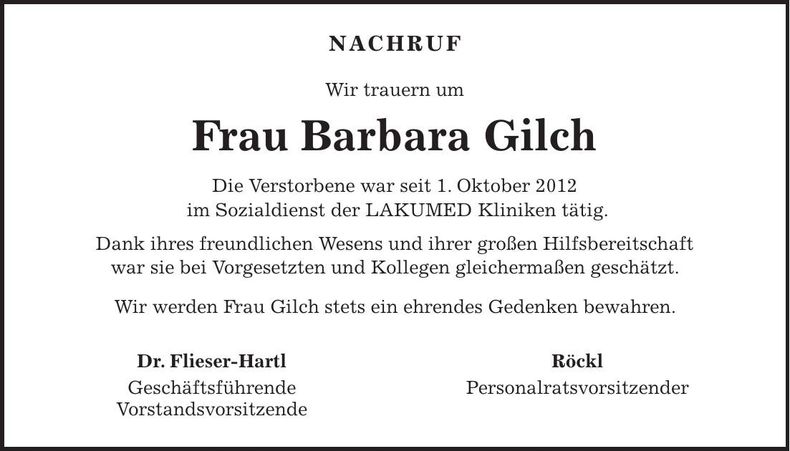 Traueranzeige Barbara Gilch