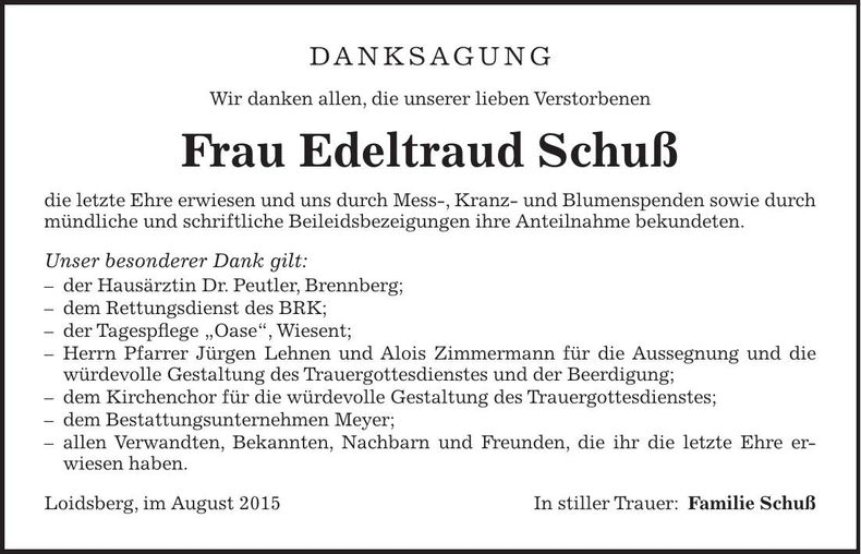 Traueranzeige Edeltraud Schuß