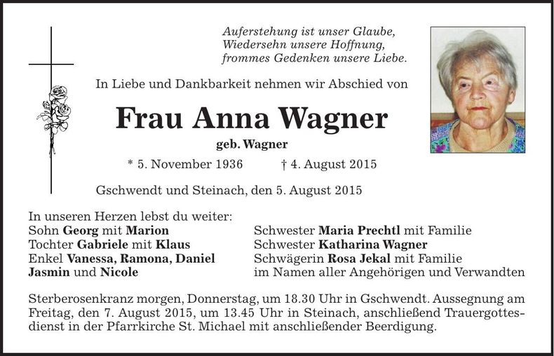 Traueranzeige Anna Wagner