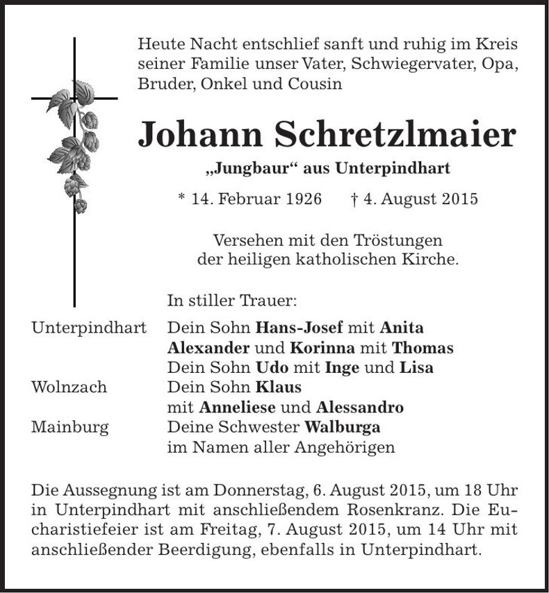 Traueranzeige Johann Schretzlmaier