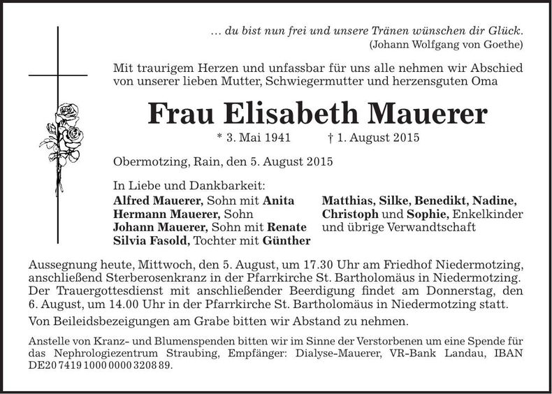 Traueranzeige Elisabeth Mauerer
