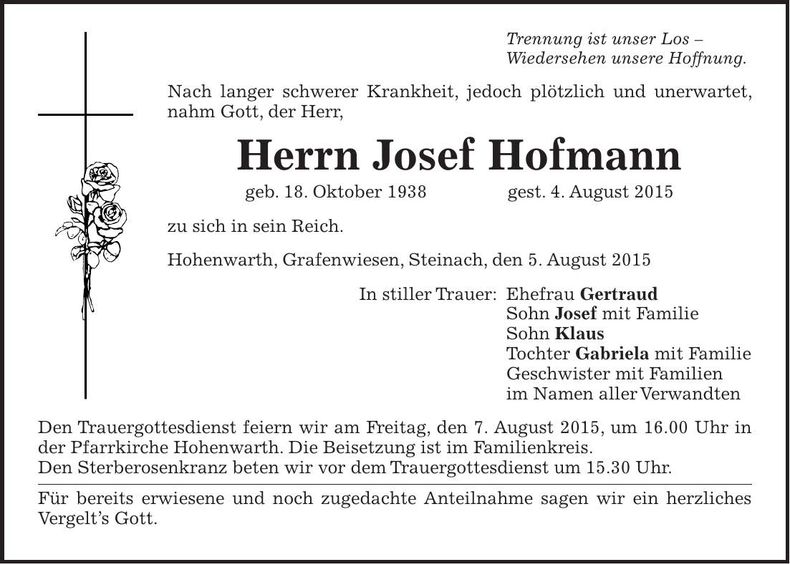 Traueranzeige Josef Hofmann