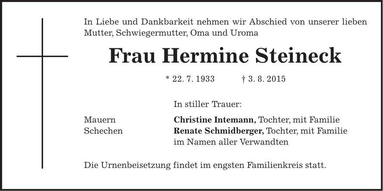 Traueranzeige Hermine Steineck