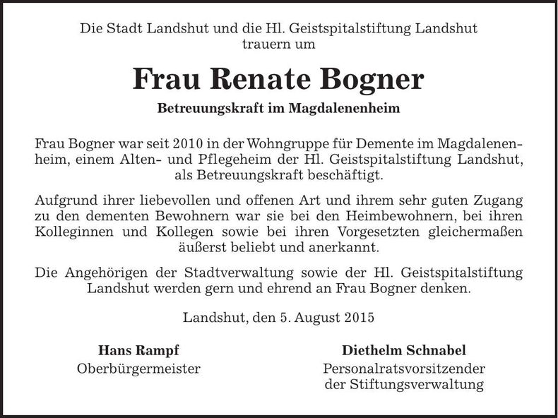 Traueranzeige Renate Bogner