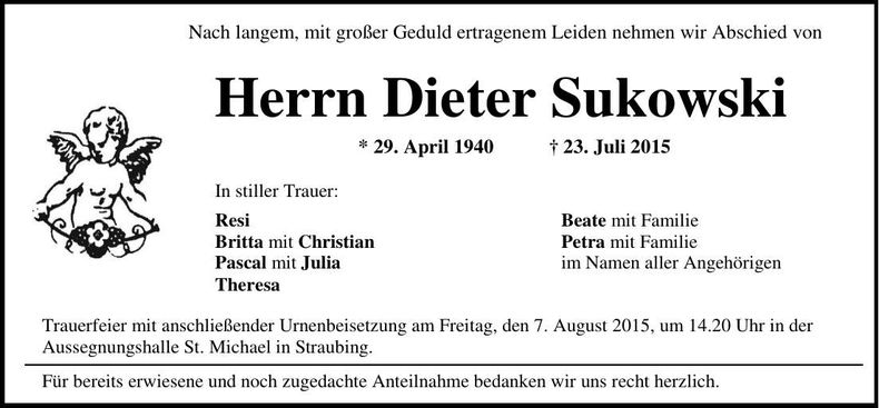 Traueranzeige Dieter Sukowski