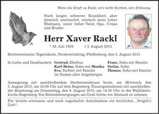 Traueranzeige Xaver Rackl