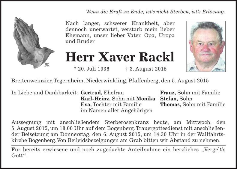 Traueranzeige Xaver Rackl