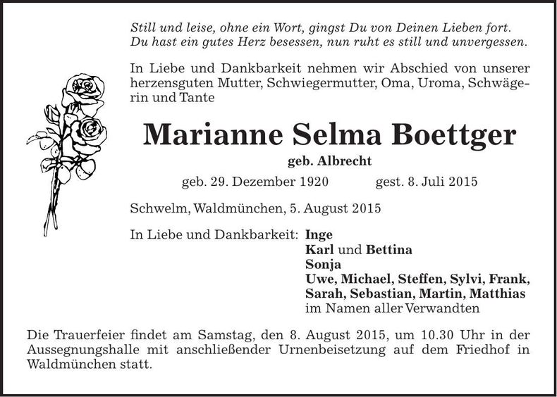 Traueranzeige Marianne Selma Boettger