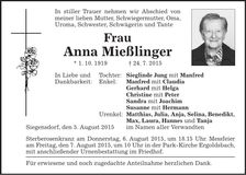 Traueranzeige Anna Mießlinger