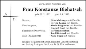 Traueranzeige Konstanze Biehatsch