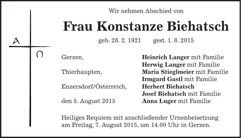 Traueranzeige Konstanze Biehatsch