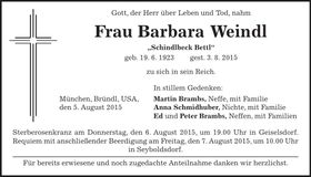 Traueranzeige Barbara Weindl