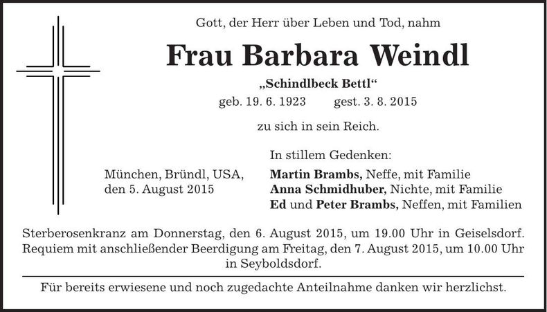 Traueranzeige Barbara Weindl