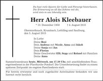 Traueranzeige Alois Kleebauer