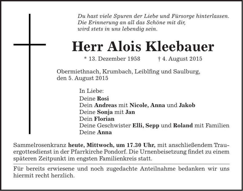 Traueranzeige Alois Kleebauer