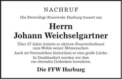 Traueranzeige Johann Weichselgartner