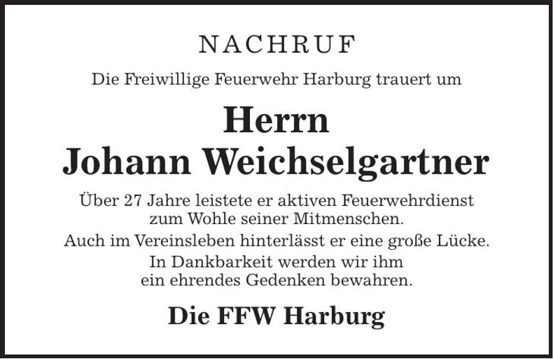 Traueranzeige Johann Weichselgartner