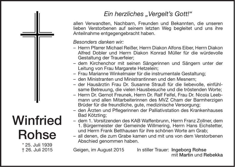 Traueranzeige Winfried Rohse