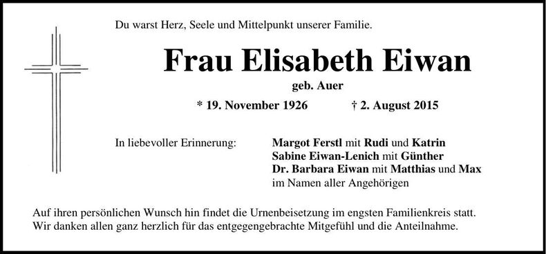 Traueranzeige Elisabeth Eiwan