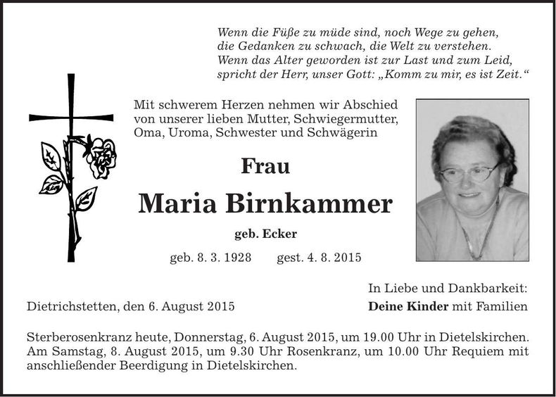 Traueranzeige Maria Birnkammer