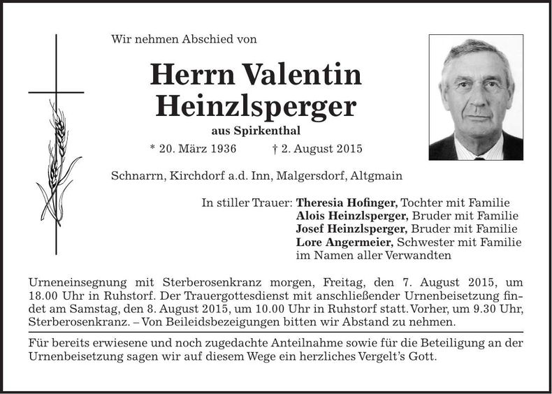 Traueranzeige Valentin Heinzlsperger