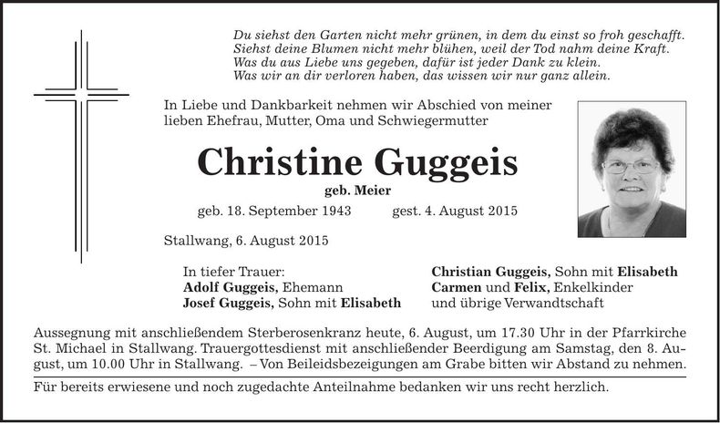 Traueranzeige Christine Guggeis