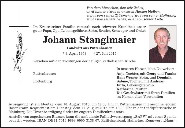 Traueranzeige Johann Stanglmaier