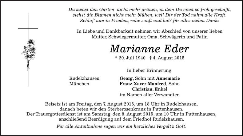 Traueranzeige Marianne Eder